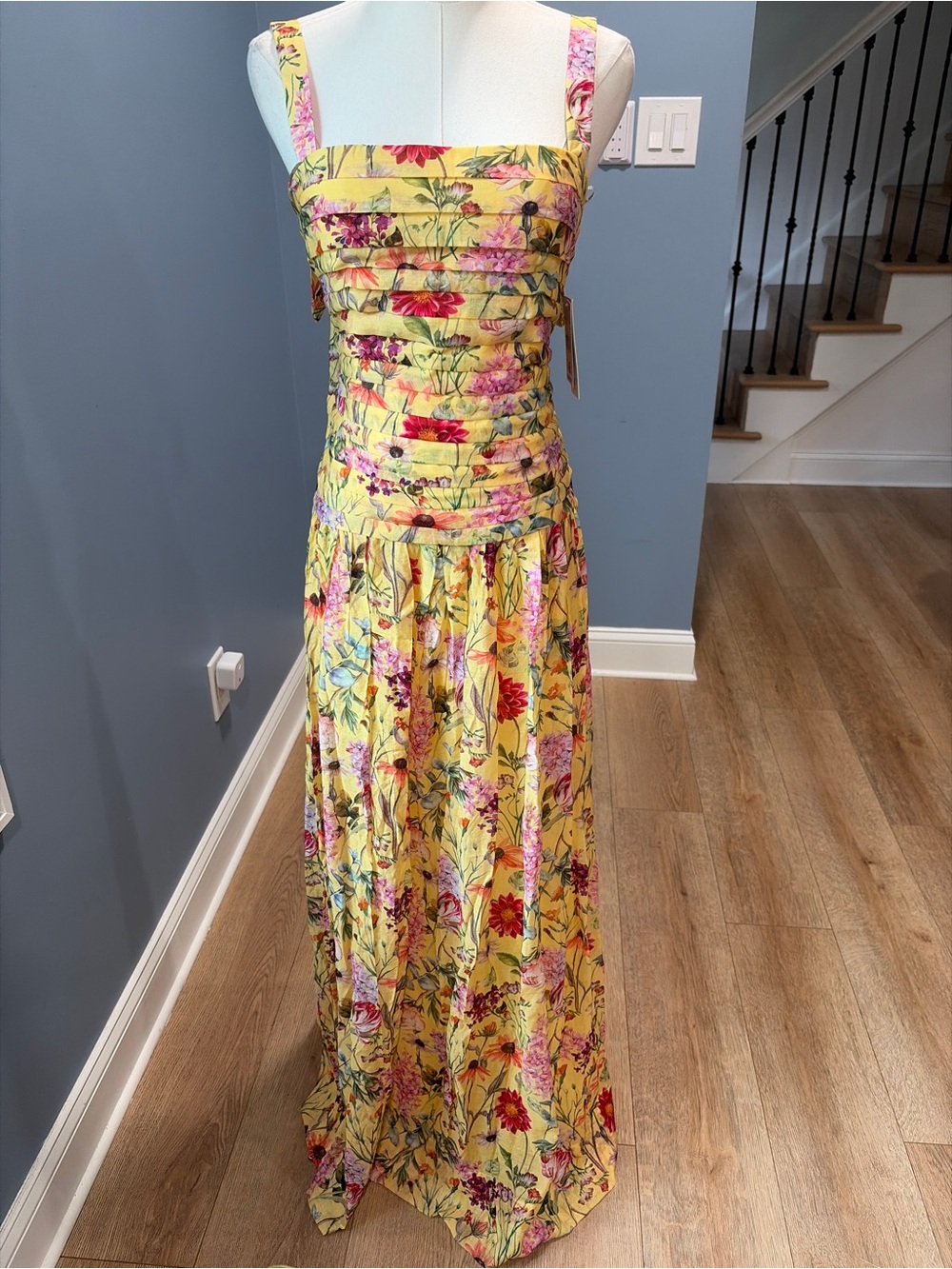 Yellow Floral Maxi Dress with Square Neck